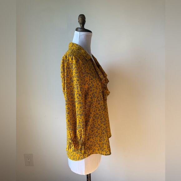 KARL LAGERFELD PARIS YELLOW PATTERN RUFFLE PEARL BUTTON 3/4 SLEEVE BLOUSE SMALL - Picture 2 of 9